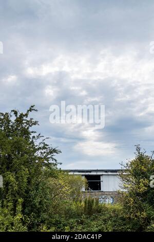 Sezione di un derelict e bruciato fuori fabbrica di ferro corrugato edificio a Naas, contea Kildare, Irlanda Foto Stock