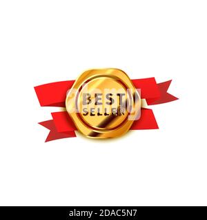 Badge dorato lucido con nastro rosso, icona Best seller su bianco Illustrazione Vettoriale