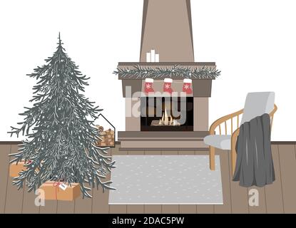 Interni per la celebrazione del nuovo anno, illustrazione vettoriale. Atmosfera festosa di Natale. Intimità a casa, festa di Natale, hygge vacanze invernali. Natale Illustrazione Vettoriale