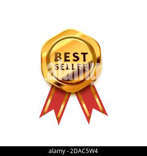 Badge d'oro con nastro rosso, icona lucida Best seller su bianco Illustrazione Vettoriale