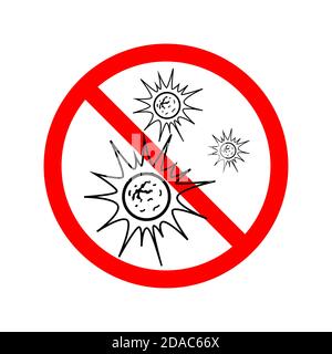 Icona del virus con il simbolo rosso vietato su bianco Illustrazione Vettoriale