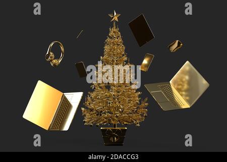 Albero di Natale con vari gadget e accessori moderni. Rendering 3D Foto Stock