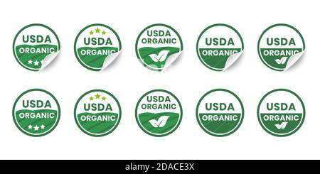 Icone certificate USDA Organic. Set di adesivi realistici con angoli arrotondati. Etichette di certificazione organiche rotonde con bordi arricciati. Vettore Illustrazione Vettoriale