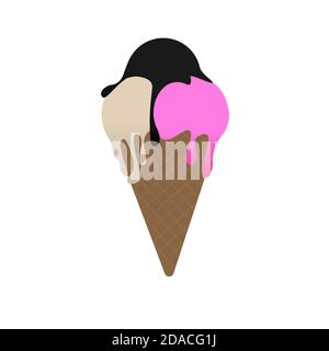 Fragole, gelato al carbone e alla vaniglia in cono di waffle al cioccolato marrone su sfondo bianco Illustrazione Vettoriale