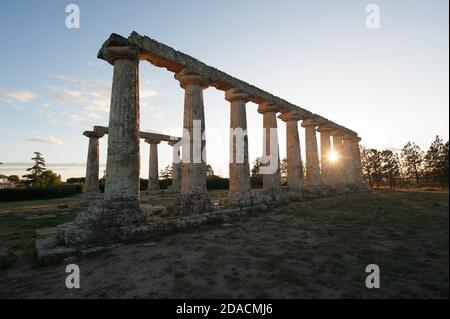 Le tavole Palatine sono i resti di un tempio peripterale dell'esastilio greco del VI secolo a.C., dedicato alla dea Hera. Foto Stock