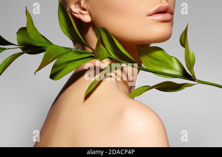 Bella donna applica cosmetici organici. Spa e benessere. Modello con Clean Skin. Assistenza sanitaria. Immagine con foglia su sfondo grigio Foto Stock