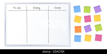 Lavagna Kanban con fogli di nota adesivi vuoti per l'attività di scrittura. Gestione dei progetti agile, pianificazione delle attività e elenco delle attività. Illustrazione Vettoriale