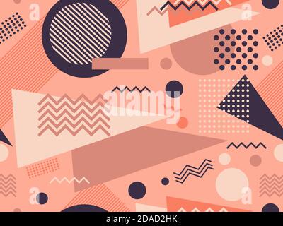 motivo geometrico senza cuciture stile anni '80 con colori disattivati. Sfondo vintage multicolore con triangoli, cerchi e quadrati per opuscoli, striscioni e. Illustrazione Vettoriale