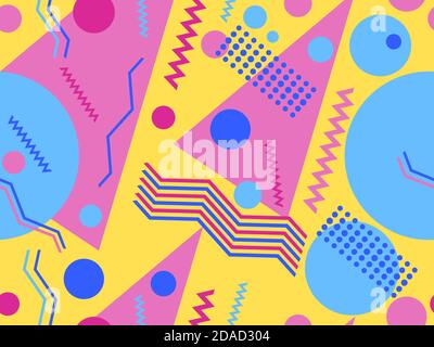 motivo geometrico senza cuciture stile anni '80 con colori disattivati. Sfondo vintage multicolore con triangoli, cerchi e quadrati per opuscoli, striscioni e. Illustrazione Vettoriale