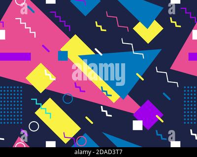 motivo geometrico senza cuciture stile anni '80 con colori disattivati. Sfondo vintage multicolore con triangoli, cerchi e quadrati per opuscoli, striscioni e. Illustrazione Vettoriale