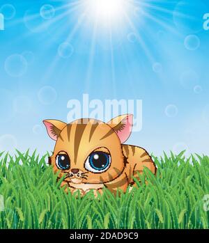 Illustrazione vettoriale del cartone animato carino posato nel erba su uno sfondo di sole luminoso Illustrazione Vettoriale