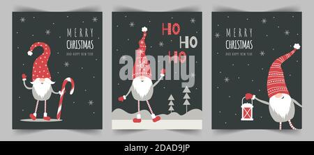 Carte di Natale con simpatici gnomi scandinavi in cappelli rossi. Auguri di stagione. Illustrazione Vettoriale