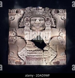 Scultura in pietra azteca preispanica in esposizione al Templo Mayor, Città del Messico, Messico Foto Stock