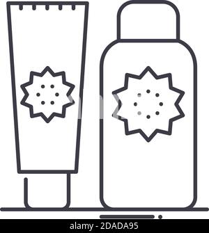 Icona di protezione solare, illustrazione isolata lineare, vettore di linea sottile, segno di disegno web, simbolo di concetto di contorno con tratto modificabile su sfondo bianco. Illustrazione Vettoriale