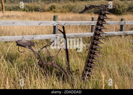 Un tosaerba vintage a barra falciante con ruote in ferro battuto su un ranch in Idaho, Stati Uniti. Ora parte di un museo privato. Foto Stock