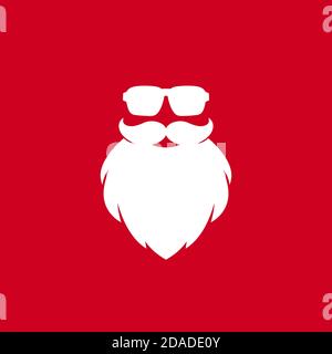 Poster Hipster Santa. Profilo viso Claus con barba e occhiali da sole freschi su sfondo rosso. Etichetta per festa santa segreta o biglietto d'auguri. Vettore f Illustrazione Vettoriale