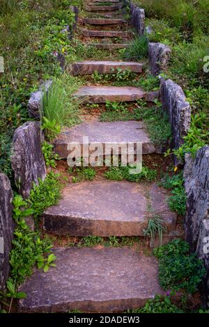 Vista di scalini fatti con pietra in un parco, Karnataka, India Foto Stock