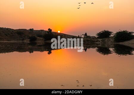 vista di un bellissimo tramonto, gli uccelli stanno volando e riflesso di cart cammello Foto Stock