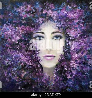 Dipinto a olio astratto originale che mostra il viso della donna e fiori di lavanda o lilla su tela. Impressionismo moderno, modernismo, marinismo Foto Stock