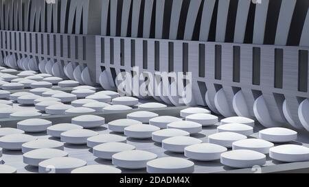 pillola di medicina di farmacia in linea di produzione presso la fabbrica medica, illustrazione 3d. Foto Stock