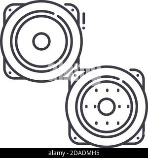 Icona altoparlanti, illustrazione lineare isolata, vettore di linea sottile, segno di disegno web, simbolo di concetto di contorno con tratto modificabile su sfondo bianco. Illustrazione Vettoriale