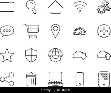 Motore di ricerca o icone interfaccia utente in bianco e nero sottile Set di linee grande Illustrazione Vettoriale