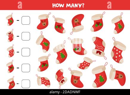 Contando gioco con i calzini di Natale cartoon. Gioco di matematica. Illustrazione Vettoriale