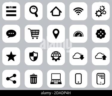 Motore di ricerca o icone dell'interfaccia utente in bianco e nero piatto Set di design grande Illustrazione Vettoriale