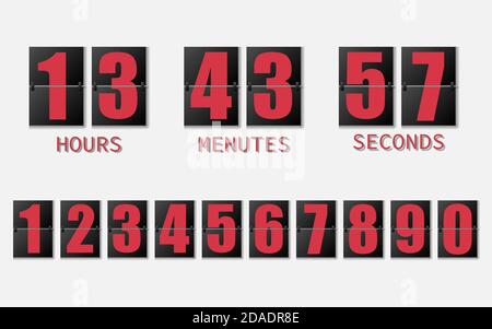 Capovolgere l'orologio per indicare l'ora, i minuti e i secondi. Lavagna a fogli mobili con numeri rossi in stile retrò su sfondo bianco. Elemento di disegno vettoriale Illustrazione Vettoriale