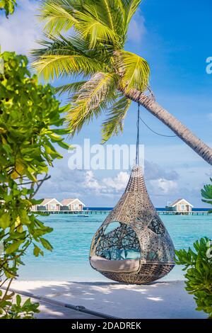 Bella spiaggia tropicale Maldive sotto il cielo nuvoloso con altalene sulla palma di cocco. Vacanza di lusso, paesaggio verticale estivo Foto Stock