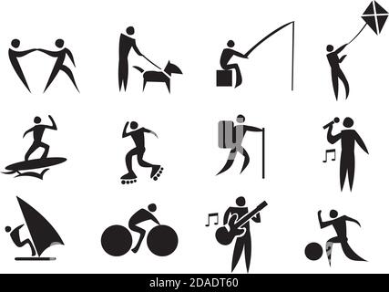 Illustrazione vettoriale di persone che fanno diverse attività ricreative all'aperto. Set di icone in bianco e nero. Illustrazione Vettoriale