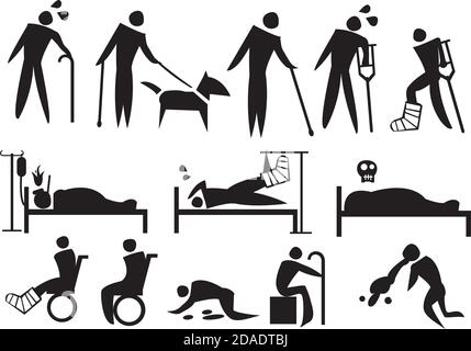 Illustrazione vettoriale delle persone con malattia, disabilità e sofferenza. Insieme di icone concettuali. Illustrazione Vettoriale