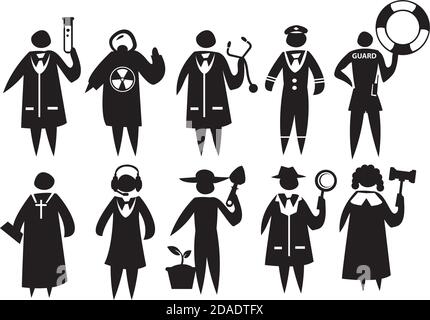 Icone vettoriali di vari professionisti nella loro uniforme e abbigliamento, e tenendo i rispettivi strumenti simbolici Illustrazione Vettoriale