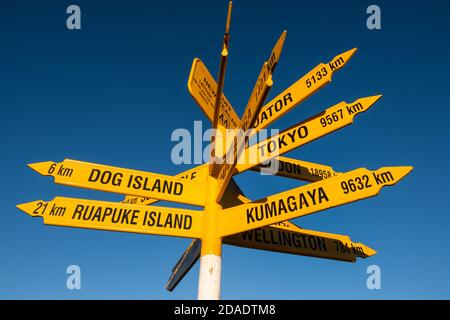 Stirling Point, l'ultimo alla fine dell'Isola del Sud della Nuova Zelanda, appena fuori dalla città marina di Bluff. Foto Stock