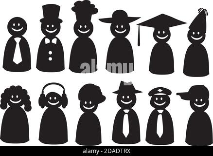 Illustrazione vettoriale dell'icona delle persone in diversi cappelli di fantasia. Illustrazione Vettoriale