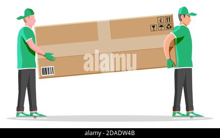 Due lavoratori mover uomo che tiene e trasporta scatola di cartone. Il carattere del corriere tiene il pacco nelle mani. Scatola di imballaggio per la consegna in cartone con segni fragili. Spedizione gratuita e rapida. Illustrazione vettoriale piatta Illustrazione Vettoriale