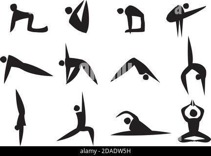 Illustrazione vettoriale dell'icona nera dell'uomo che fa una posizione yoga diversa Illustrazione Vettoriale