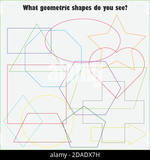 Trova oggetti nascosti sulla foto, diverse forme geometriche colorate, set di contorni mishmash, divertente gioco educativo per i bambini, attività prescolare per Illustrazione Vettoriale