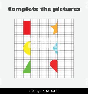 Completare il quadro, forme geometriche, formazione di abilità di disegno, gioco di carta educativo per lo sviluppo dei bambini, attività prescolare bambini Illustrazione Vettoriale