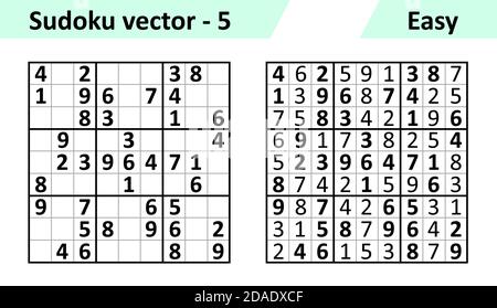 Gioco Sudoku con risposte. Semplice set di disegno vettoriale Sudoku. Modello vuoto. La complessità dell'attività è semplice. Illustrazione Vettoriale