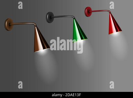 Lampade da parete con paralumi conici colorati, illustrazione vettoriale. Moderna luce notturna interna con la luce accesa Illustrazione Vettoriale