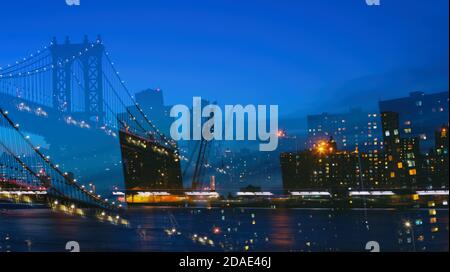 Immagine astratta con doppia esposizione dello skyline di Manhattan e del Ponte di Manhattan in serata a New York City. Foto Stock