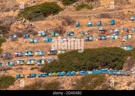 Coloratissimi alveari in legno sul versante montano nel nord di iOS. Grecia. Foto Stock