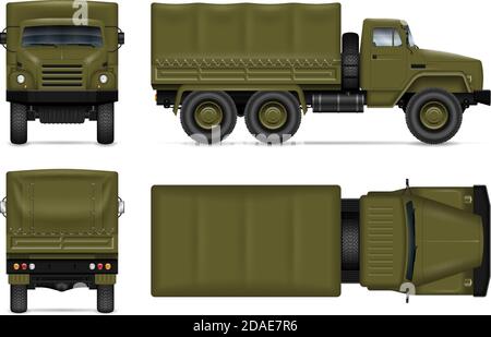 Mockup vettoriale isolato per autocarri militari su sfondo bianco. Veicolo militare con vista laterale, anteriore, posteriore e superiore. Illustrazione Vettoriale