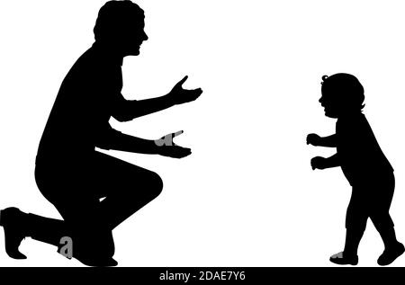 Silhouette piccolo bambino che cammina per incontrare suo padre Illustrazione Vettoriale