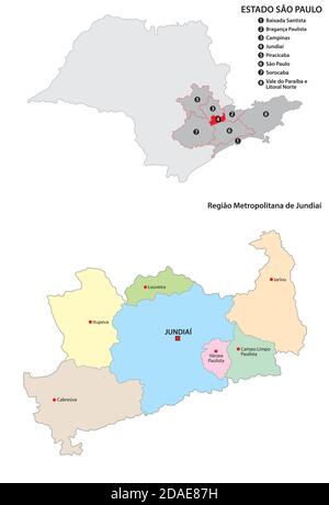 Mappa vettoriale amministrativa della Regione Metropolitana di Jundiai, Brasile Illustrazione Vettoriale