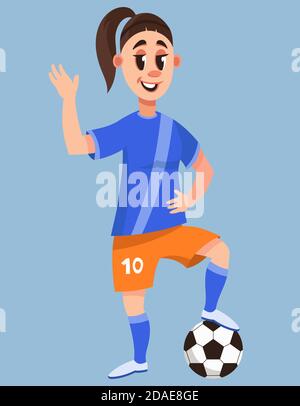 Femmina giocatore di calcio in piedi con palla. Carattere sorridente in stile cartoon. Illustrazione Vettoriale