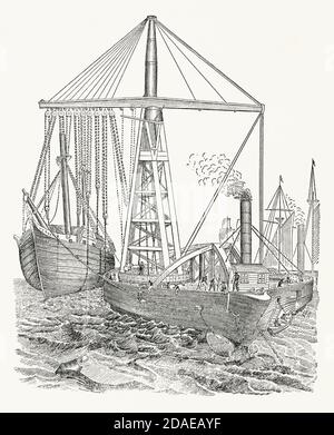Una vecchia incisione che mostra il derrick galleggiante del Vescovo intorno al 1850. E 'da un libro di ingegneria meccanica vittoriana del 1880. In questa illustrazione la massiccia derrick alimentata a vapore sta sollevando un'altra nave. Era una barca a fondo piatto, costruita dalla Thames Iron Shipbuilding Company di Blackwall, Londra, Inghilterra, Regno Unito per sollevare navi sommerse. Aveva una lunghezza di 270 metri e una trave di 90 metri. I compartimenti stagni potrebbero essere riempiti con acqua di mare per controbilanciare qualsiasi peso sul lato opposto dell'imbarcazione durante il sollevamento. I derrick montati su recipienti dedicati sono anche noti come zampe di pastella. Foto Stock