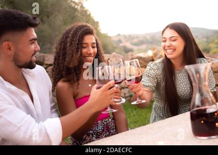 Tre amici che si aggraffano bicchieri all'aperto al tramonto - gara mista tostatura di gruppo con bicchieri di vino rosso in campagna per il vigneto fine raccolto Foto Stock