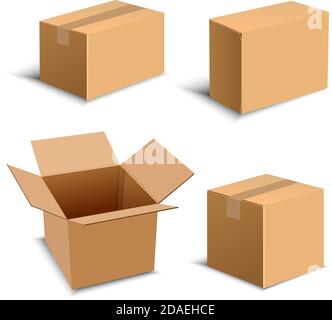 Set di quattro confezioni realistiche di colore marrone Box. Progettare elementi per il layout di distribuzione online. Vettore Illustrazione Vettoriale